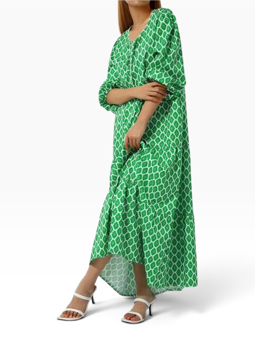 Boho Green & White Geometric Print Half-Sleeve Tiered Maxi Dress - Picture 9 of 14
